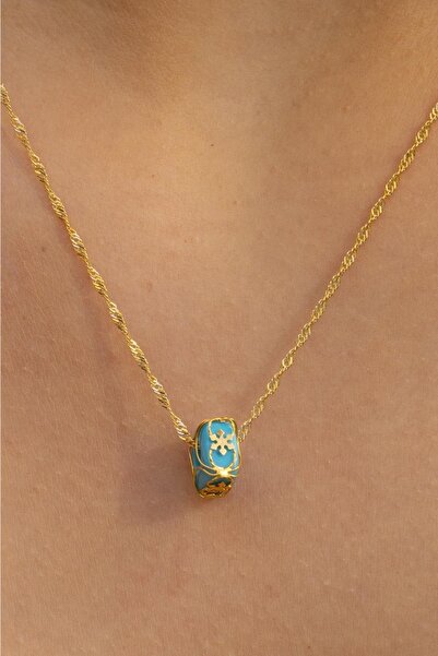 Bayar Gold Altın Mavi Boncuklu Kafesli Singapur Kolye