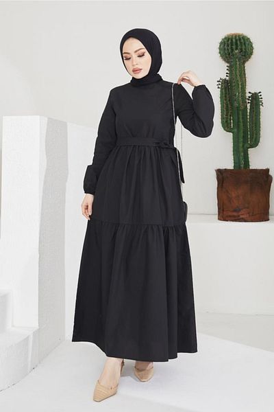 benguen 411 Zero Collar Waist Belted Hijab Dress