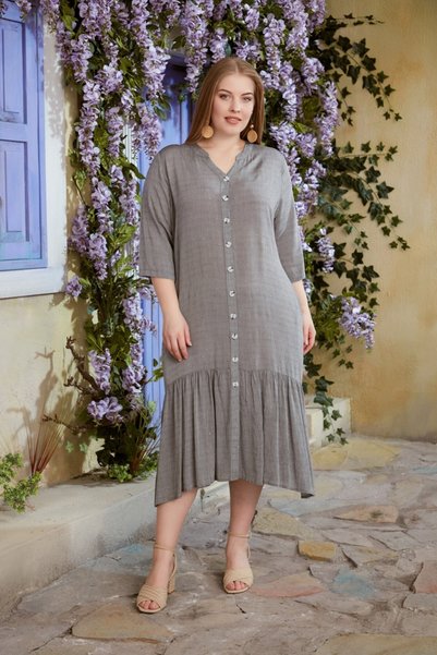 RMG Plus Size Buttoned Dark Charcoal grey Dress with Pocketed