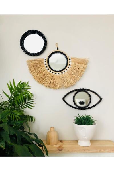 karashome Rafya Yelpaze Boncuklu Ayna Duvar Aksesuar Süsü