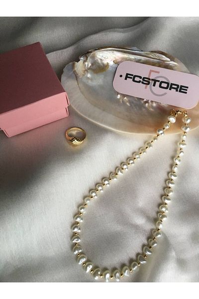 DUOMİNO Fcstore Baroque Look White Pearl Women's Necklace with Vintage Gold Bead Detail