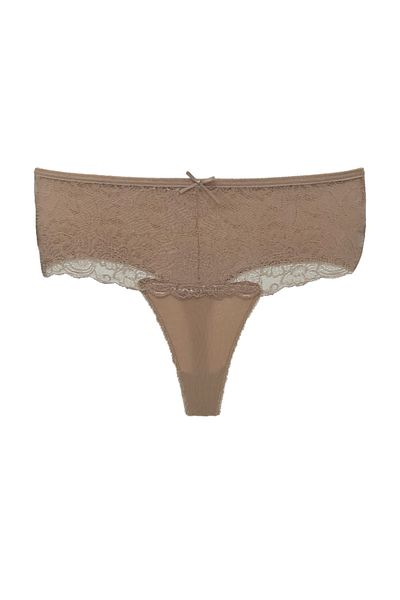 HNX Brown Cotton Lace Front Large Size High Waist Thong Women's Panties