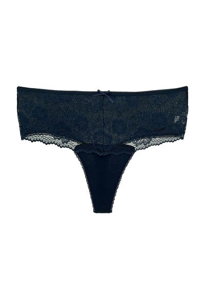 HNX Navy Blue Cotton Lace Front Large Size High Waist Thong Women's Panties