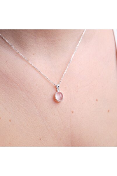 Venüs Doğal Taş Pembe Kuvars Minimal Gümüş Kolye