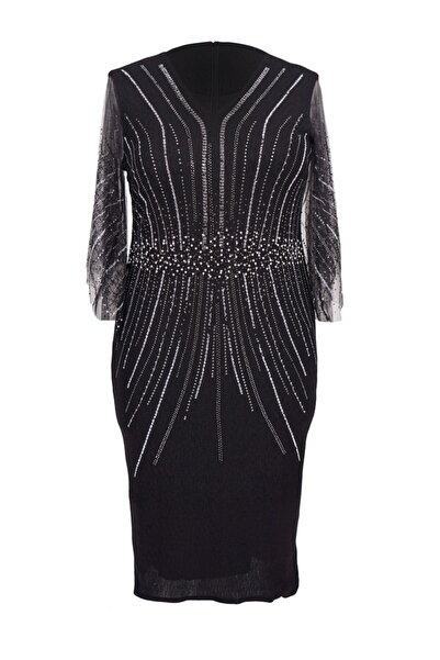 SpringStore Siyah Taş Detaylı Büyük Beden Abiye Elbise