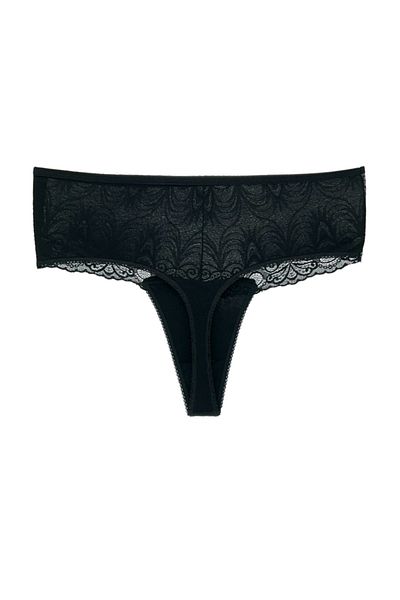 HNX Chiloți de damă cu tanga cu talie înaltă, din bumbac negru, cu dantelă