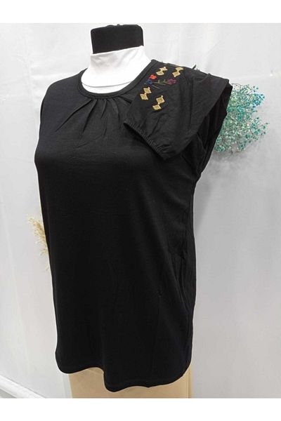 Sel Tekstil Battal Combed Cotton Elastic Sleeve Lace Detailed Mother Blouse