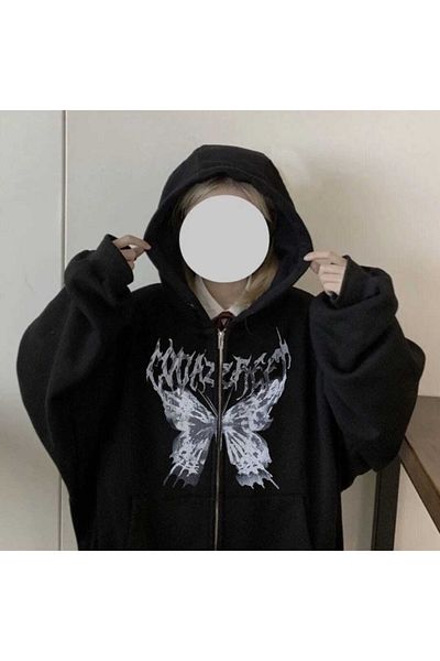 Gofeel Harajuku Butterfly Butterfly Black Zippered Unisex Oversize Hooded Cardigan