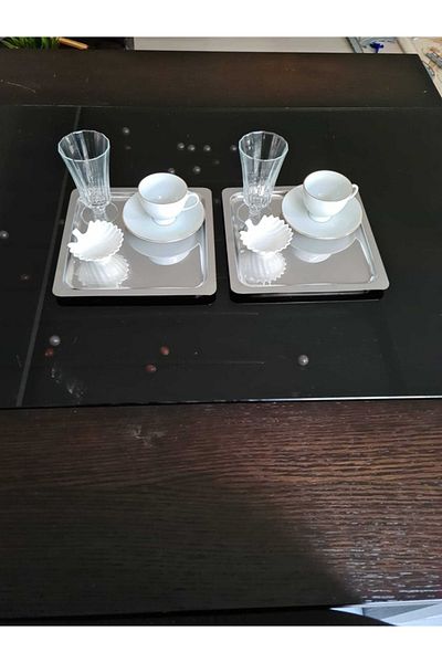 Aslı Hediyelik Set of 2 Luxury Square Stainless Steel Silver Coffee, Tea, Decorative Presentation Serving Tray 21x21 Cm