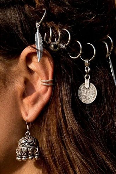 BAHELS Silver Bohemian Feather Hair Earring Clasp Set