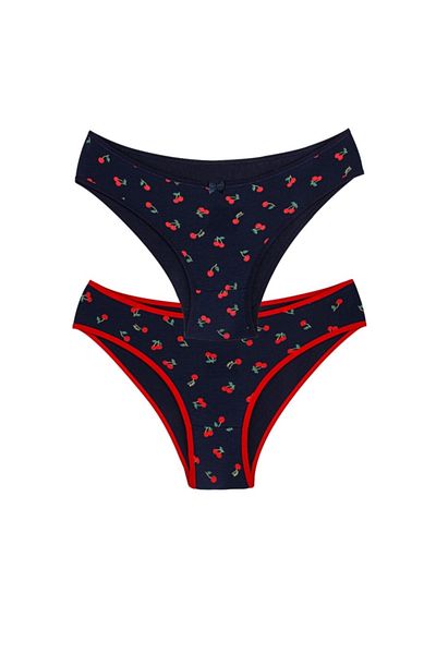 Perita.Life Women's 2-Piece Navy Blue Cotton Cherry Patterned Regular Waist Slip Panties