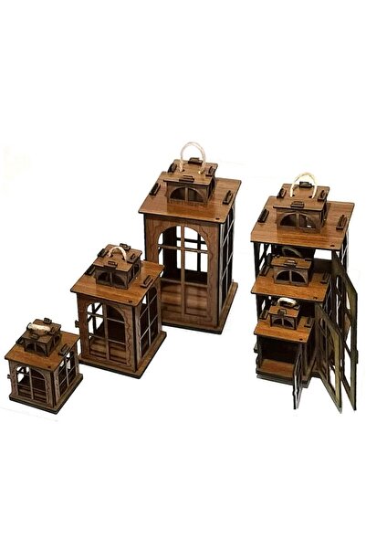 ADF TOPTAN Fener Mumluk Dekoratif Ahşap 20 Cm Lik 3 Lü Fener Şamdan Takımı