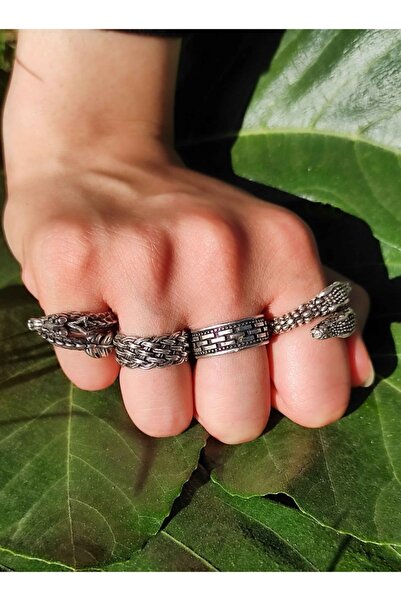 The Collection Unisex 4'lü Gümüş Kaplama Ayarlanabilir Yüzük Set