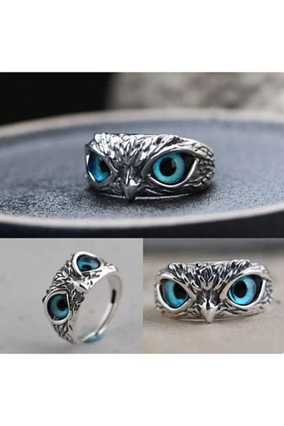 Köstebek Retro Vintage Blue Eyed Adjustable Owl Ring