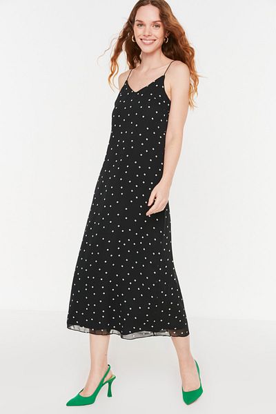Trendyol Collection Black Polka Dot A-line Chiffon Midi Lined Woven Dress TWOSS22EL0267