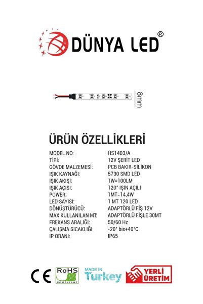 DÜNYA LED Hs.1403 k 10 Çipli 5 Metre Iç Mekan Kırmızı Şerit Led