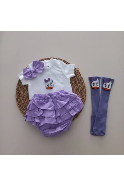 Grande Home Kız Bebek Lila Fırfır Badi Bandana Çorap Takım