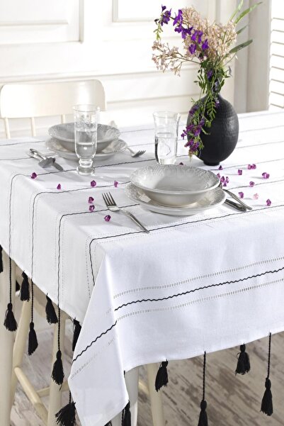 ÖDEL HOME White Openwork Black Embroidered and Pompom Tablecloth
