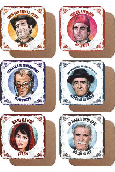 Hayat Poster Yeşilçam Turkish Cinema Lines 3 Sets of 6 Retro Wooden Coasters Set