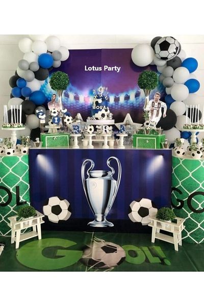 LOTUS PARTY 60 Pieces Football Concept Metallic White - Dark Blue and Gray Pastel Black Balloon Chain Set