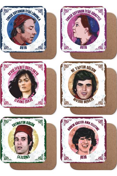 Hayat Poster Yeşilçam Turkish Cinema Lines -2- Set of 6 Retro Wooden Coasters