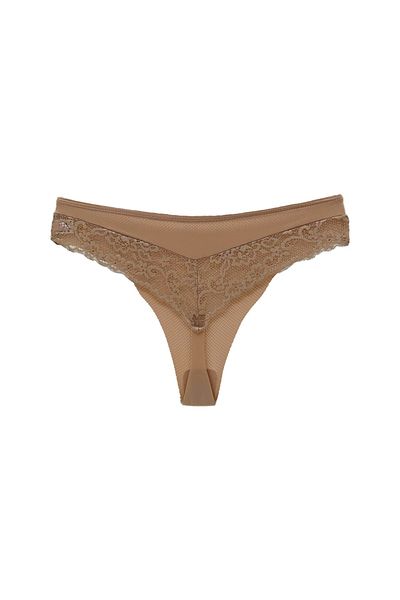 HNX Γυναικείο εσώρουχο καφέ Micro Fabric Thong με λεπτομέρεια δαντέλας στην πλάτη