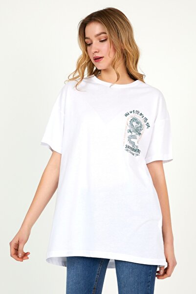 MRS CLOTHING Shanghai White Γυναικείο μπλουζάκι με κοντό μανίκι με φαρδιά εφαρμογή με λαιμόκοψη