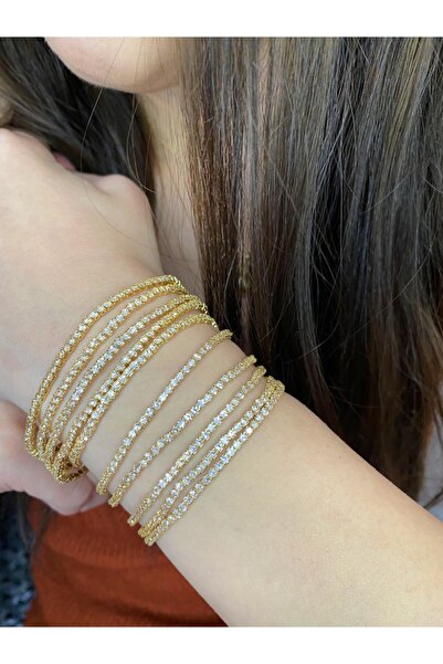 MOSSMOUR Zirkon Taşlı 14k Altın Kaplama Lastikli Gold Rengi Su Yolu Bileklik