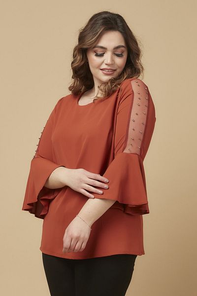 Moda Alba Cinnamon Sleeve Pearl Flounce Plus Size Stylish Blouse