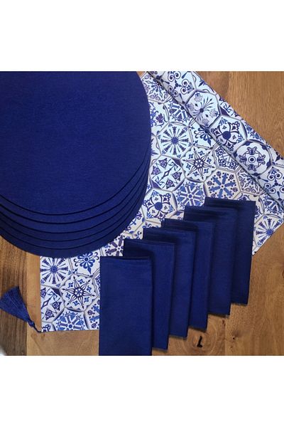 desen izmir American Serve, blue hexagonal 6 Plates, 6 Napkins and Runner