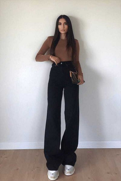 Trn JNS Ciara 90's Black Power Lycra Super ψηλόμεσο φαρδύ τζιν παντελόνι Palazzo φαρδύ πόδι.