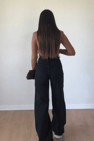 Trn JNS Ciara 90's Black Power Lycra Super ψηλόμεσο φαρδύ τζιν παντελόνι Palazzo φαρδύ πόδι.