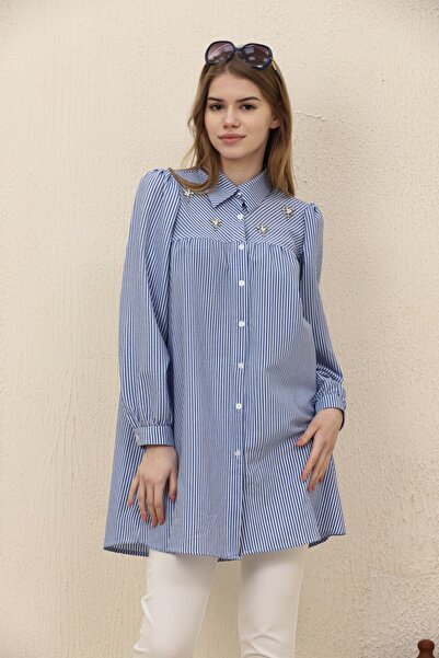 İKLİM LİFE Striped Seersucker Tunic with Stones on the Chest