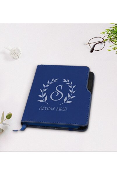 Bk Gift Kişiye Özel Çelenk Baş Harfli Isimli Lacivert Termo Deri Defter-4