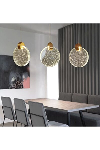 burenze Modern Luxury Sarkıt Üçlü Dikdörtgen Sıralı Kristal Camlı Led Avize Gold Sarı