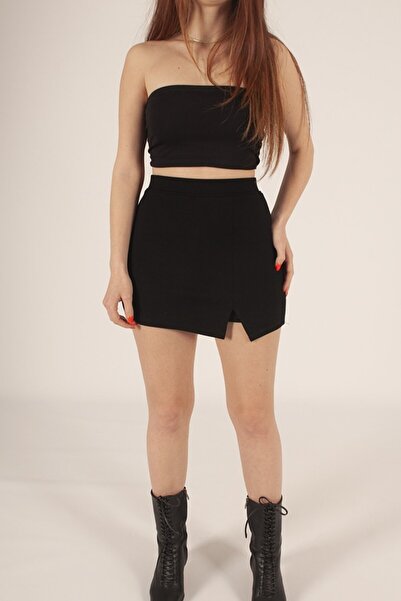 alenmoda Fustă neagră cu o singură tăietură pentru damă