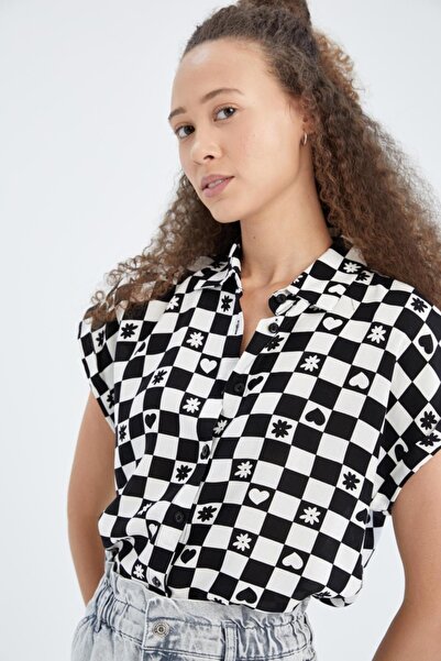 DeFacto Cămașă din viscoză cu mânecă scurtă cu imprimeu, cu model pepene verde, cu guler relaxat