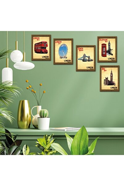 FourArts Londra Serisi 13,5x18 Cm Çerçeve Görünümlü 5'li Ahşap Özel Tasarım Tablo Set