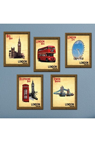 FourArts Londra Serisi 13,5x18 Cm Çerçeve Görünümlü 5'li Ahşap Özel Tasarım Tablo Set