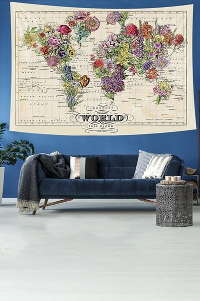 Pelangi World Plant Map Patterned Stain Resistant Velvet Textured Fabric Wall Cloth Wall Carpet Tapestry