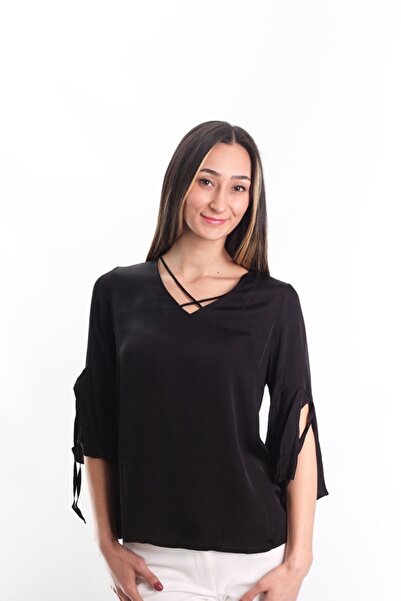 Blues Outlet Γυναικεία μανίκια Flounce Σατέν Μπλούζα Μαύρη