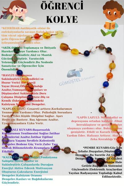 GÜMÜŞTEL EL SANATLARI Öğrenci Kolyesi Kehribar Akik Havlit Kaplan Gözü Krista...