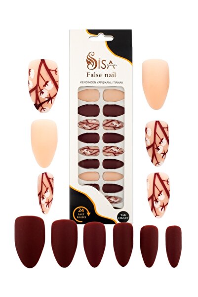 SİSA Cosmetics Badem Batik Desenli Bordo Tak Ve Çık 24'lü Takma Tırnak