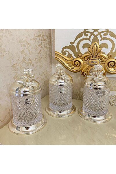 İmren Collection طقم مرطبانات لوكس كريستال مع ورد ياباني فضي 3 قطع