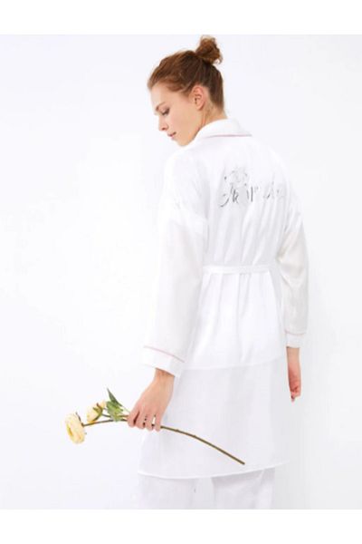 LC Waikiki Bedruckter Morgenmantel aus Satin mit langen Ärmeln und Schalkragen für Damen