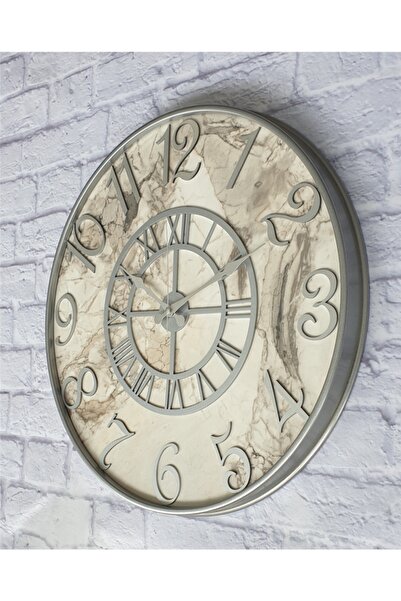 Markakanvas Gri Renk Metal Kasalı Mermer Desenli Gri Renkli Duvar Saati Çap 50 Cm
