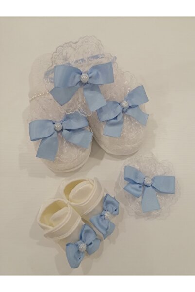 CAN BUTİK Canbutik Mavi Fiyonklu Lohusa Terliği Lohusa Tacı Ve Bebek Patik-ba...