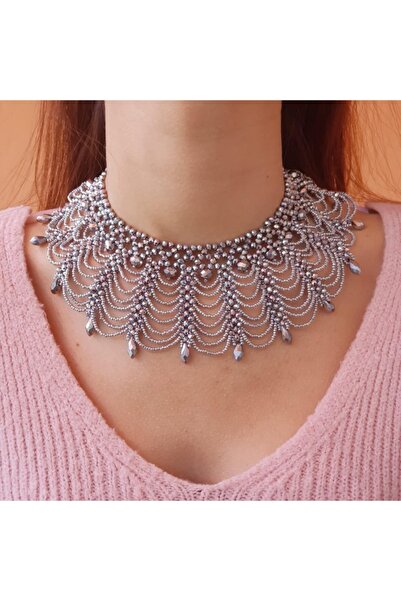 Handmade By HLY El Yapımı Gümüş Kristal Taşlı Abiye Kolye