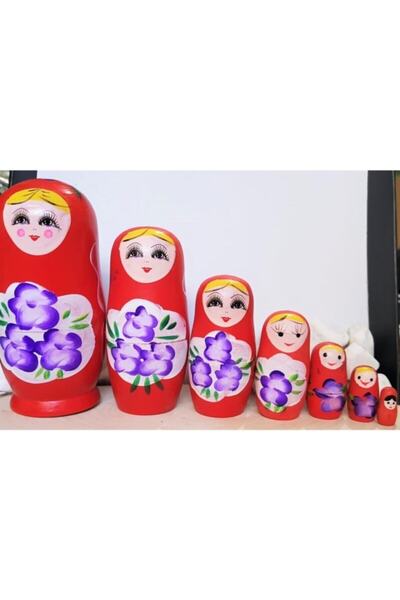 miski alem 7li Iç Içe Geçen Ahşap Kırmızı Matruşka Bebek