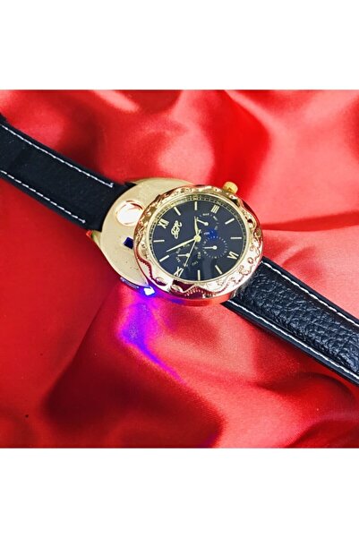 HEPBİMODA Saatli Usb Şarjlı Gold Metal Çakmak Hem Saat Hem Çakmak